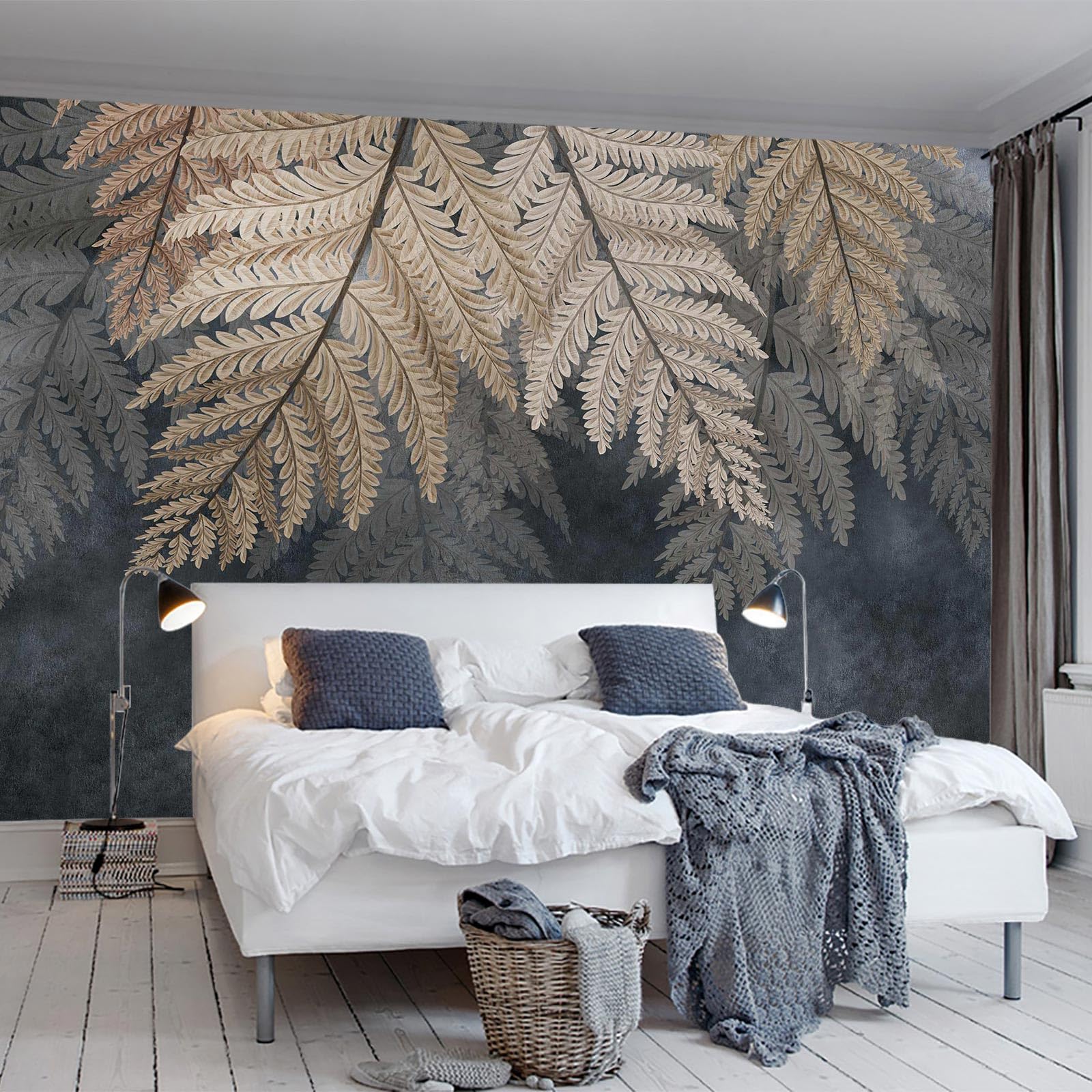 Bedroom with dark botanical wallpaper