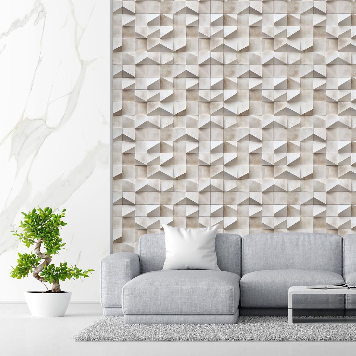 Living room with sculptural geometric feature wall
