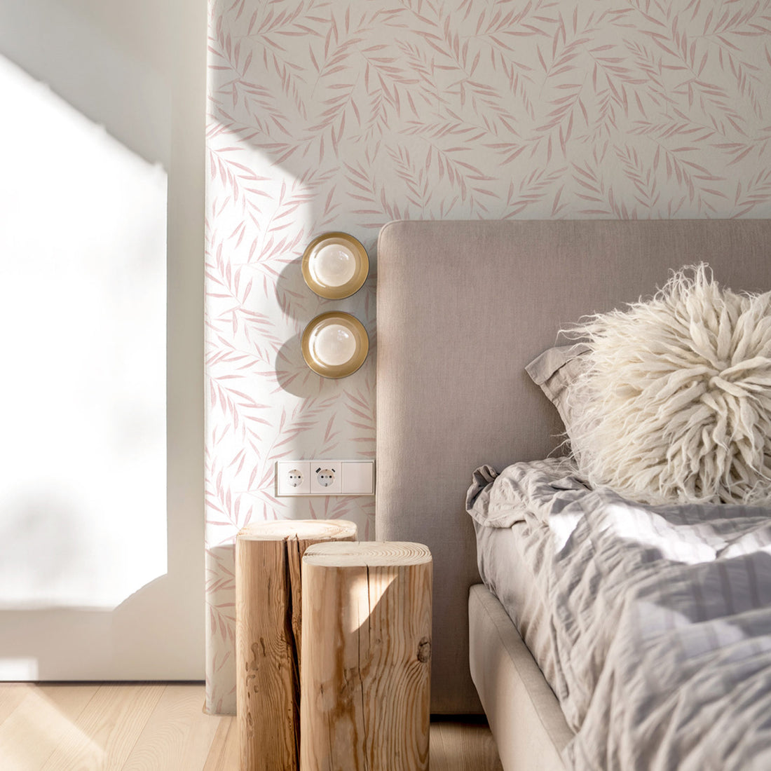 Bedroom with delicate textured wallpaper